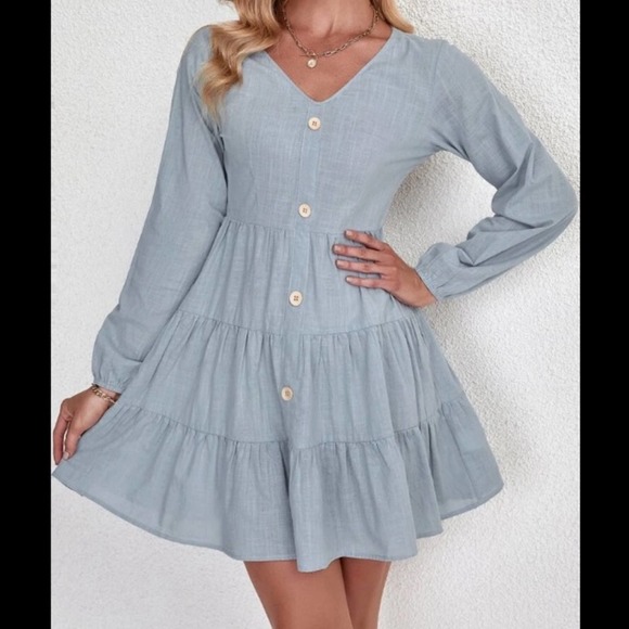 SHEIN Dresses & Skirts - Blue V-neck button long sleeve ruffle tier A-line high waist dress Sz S